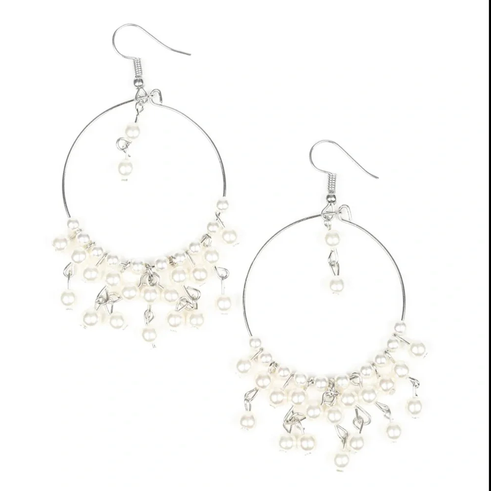 Elegant Silver and White Pearl Hoop Earrings- Things are Looking Upscale - Picture 1 of 2
